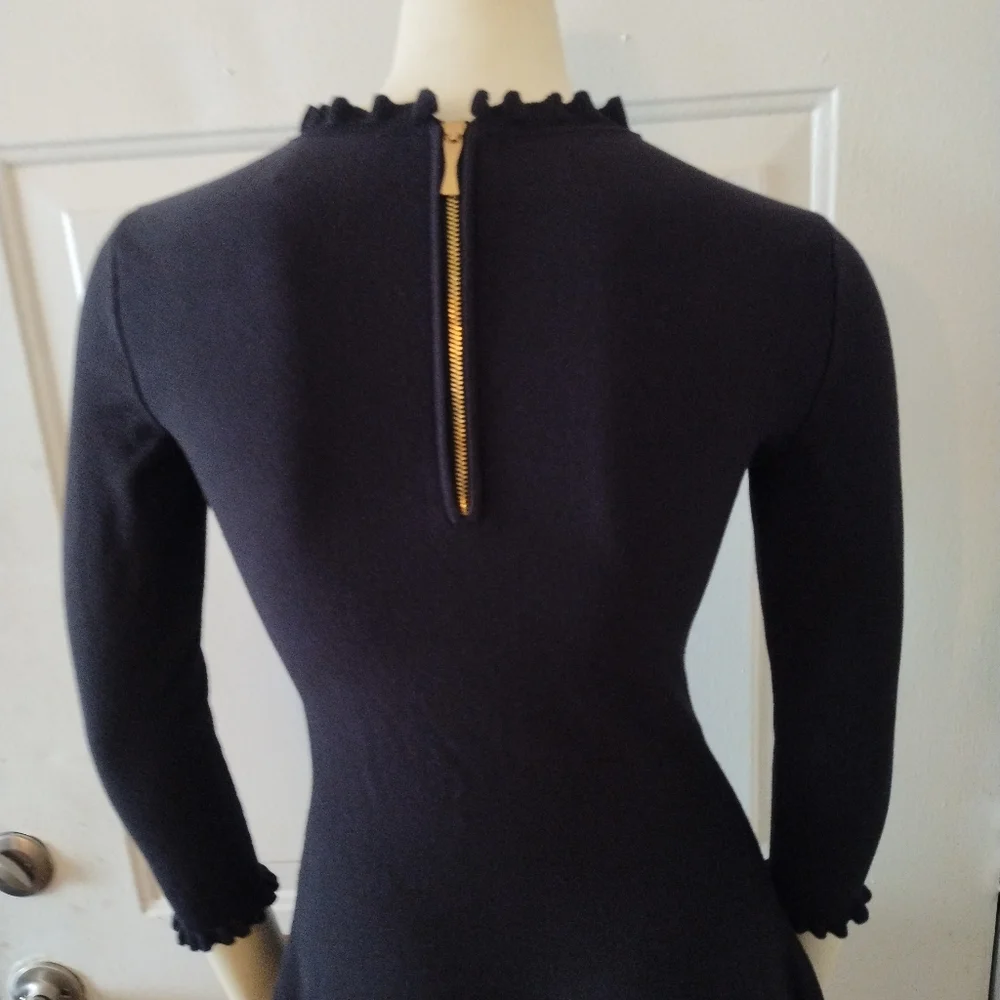 Kate Spade Sweater Knit Pointelle Dress Ruffle Neck Sleeves Fit & Flare Academia